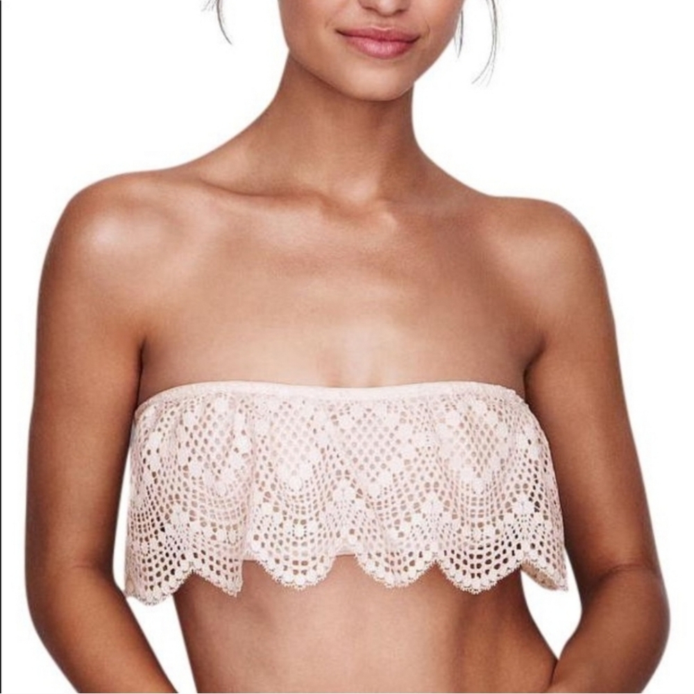 Victoria’s Secret Cream Eyelet Lace Bandeau Bralette Scalloped Strapless Size L